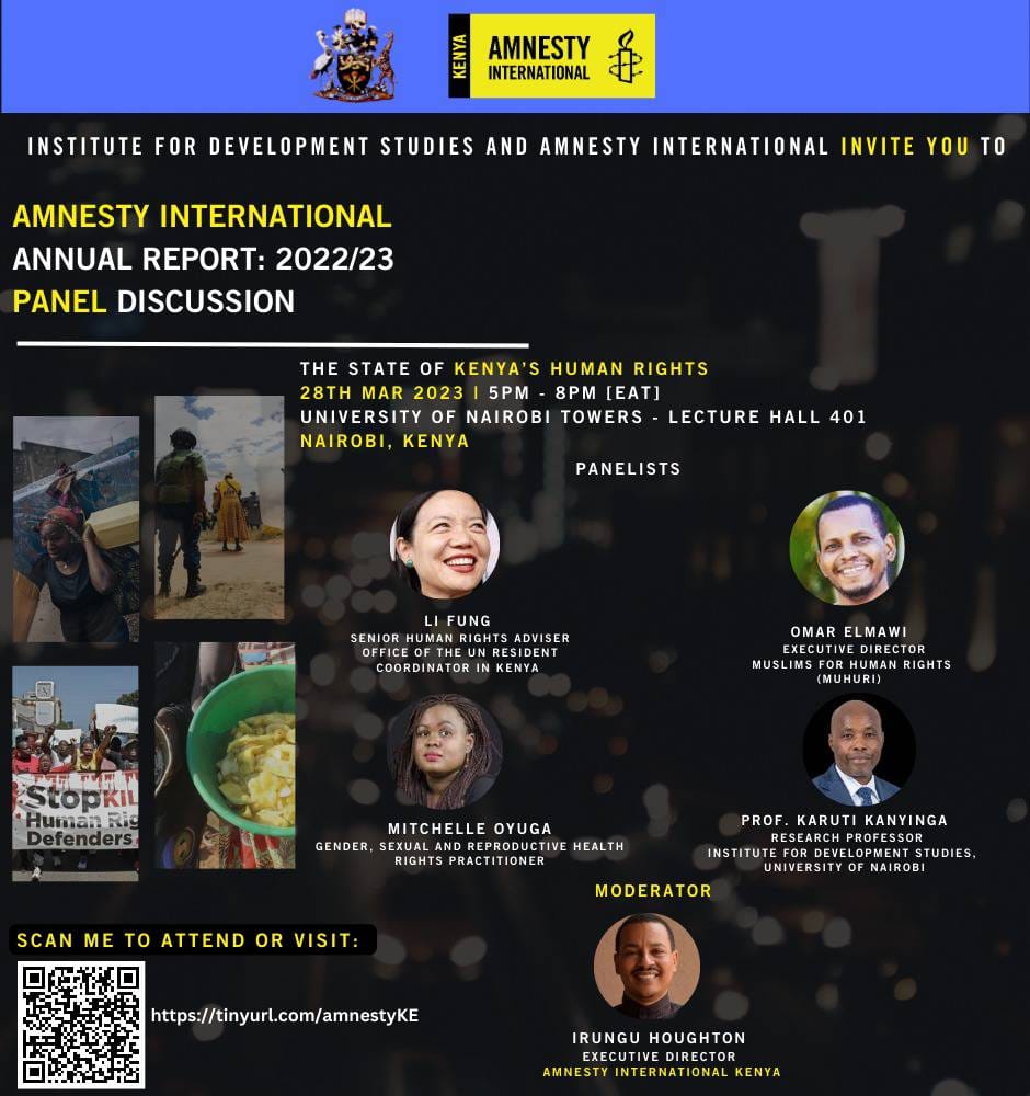AmnestyNairobi's tweet photo. The launch of the Amnesty International Report 2022/23: The State of the World’s #HumanRights, is taking place tomorrow 28th March 2023.
5pm-8pm at the University of Nairobi (UON) Towers, Lecture Hall 401.  

RSVP to attend: https://t.co/dFssTDumHs

@IDS_UONBI
@AmnestyKenya https://t.co/gJZS2kE0fo