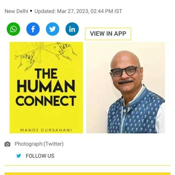 ManojGursahani's tweet photo. My book, The Human Connect, was recently featured in WION, a top national daily news source. I'm thrilled to see my article gaining recognition and grateful for the opportunity to share my ideas with a wider audience. #TheHumanConnect #WION #NationalNews #Grateful #AuthorLife https://t.co/MnojejO9qH