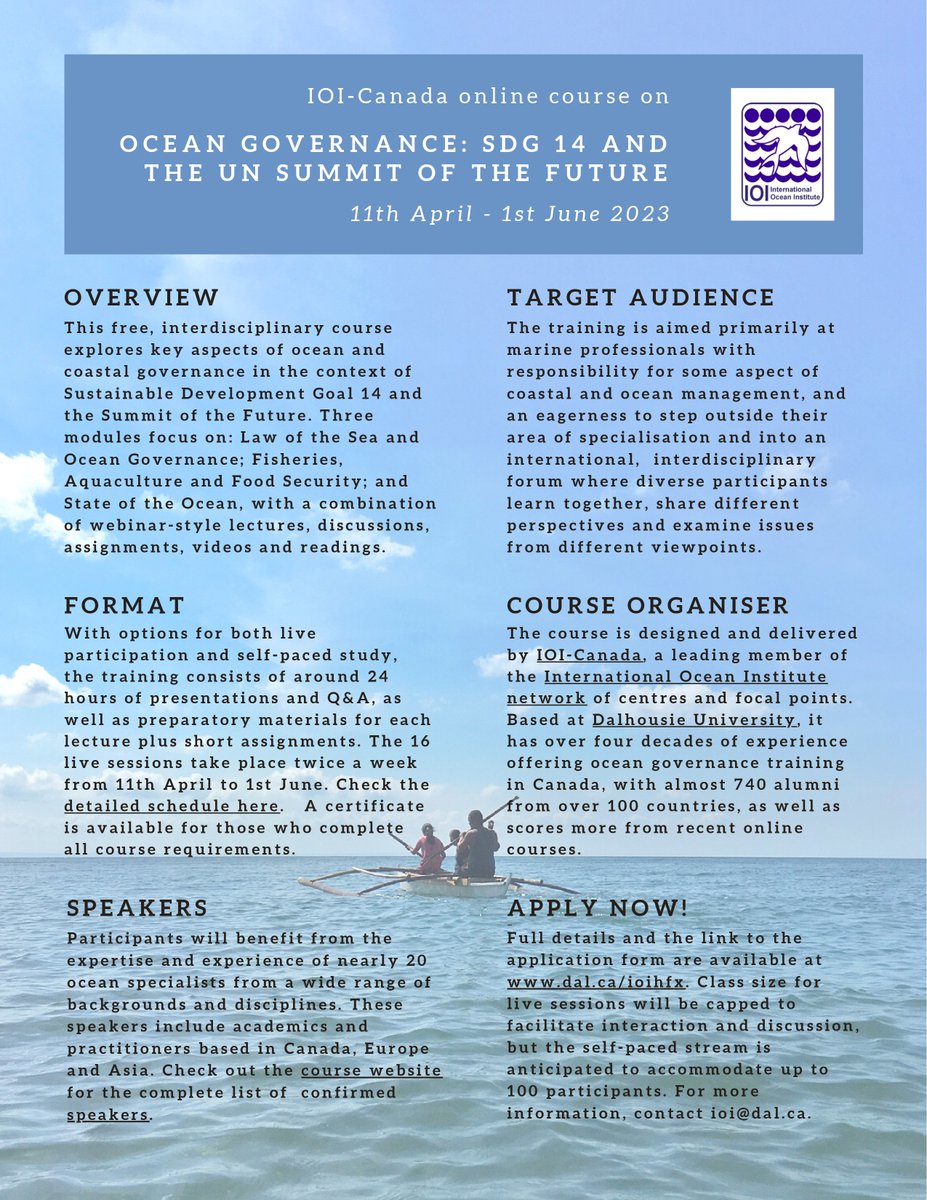 TBTInetwork's tweet image. IOI- Canada 🆓 online course on  

Ocean Governance: SDG 14 &amp;amp; the UN Summit of the Future 

🔻April 19 - June 1, 2023

👉 internationaloceaninstitute.dal.ca/training.html