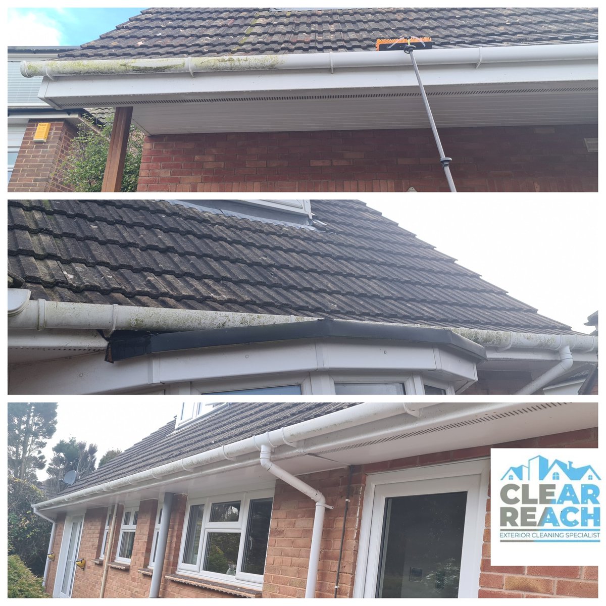Clear_Reach's tweet photo. Few pics from a couple gutter cleaning jobs from last week. 

One was standard clean, clearing Gutters, cleaning Exterior, gutters, soffits and fascia, plus window clean.

2nd one we found one drain completely blocked with roots going deep

https://t.co/EGqoy9Mn0X https://t.co/ZHcu9f8yv6