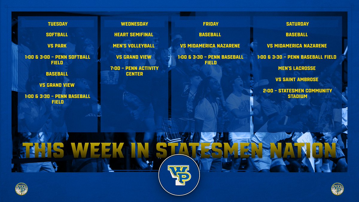 🚨This Week in Statesmen Nation! 

Tuesday- ⚾️🥎⚾️🥎
Wednesday - 🏐
Friday - ⚾️⚾️
Saturday - ⚾️🥍⚾️
🎟️ - statesmenathletics.com/ticketing
