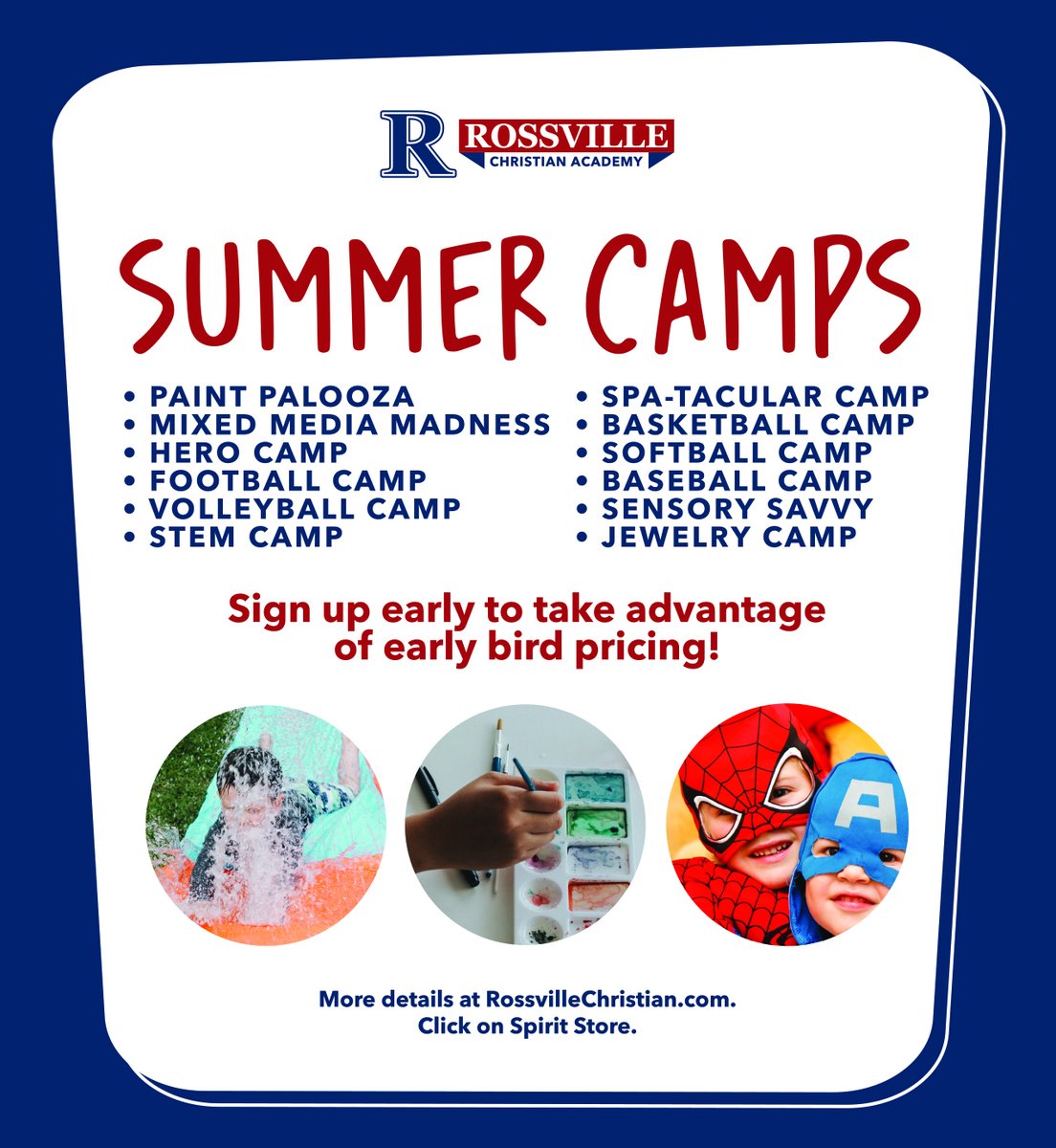 RossvilleAcad's tweet photo. Take advantage of RCA's incredible camp choices! Register now for a spot and early bird pricing by signing up on the Spirit Store @RossvilleChristian.com.
#RiseoftheWolves #ThisIsRTown #RCASummerCamp #PackPride https://t.co/X1We0nwE72