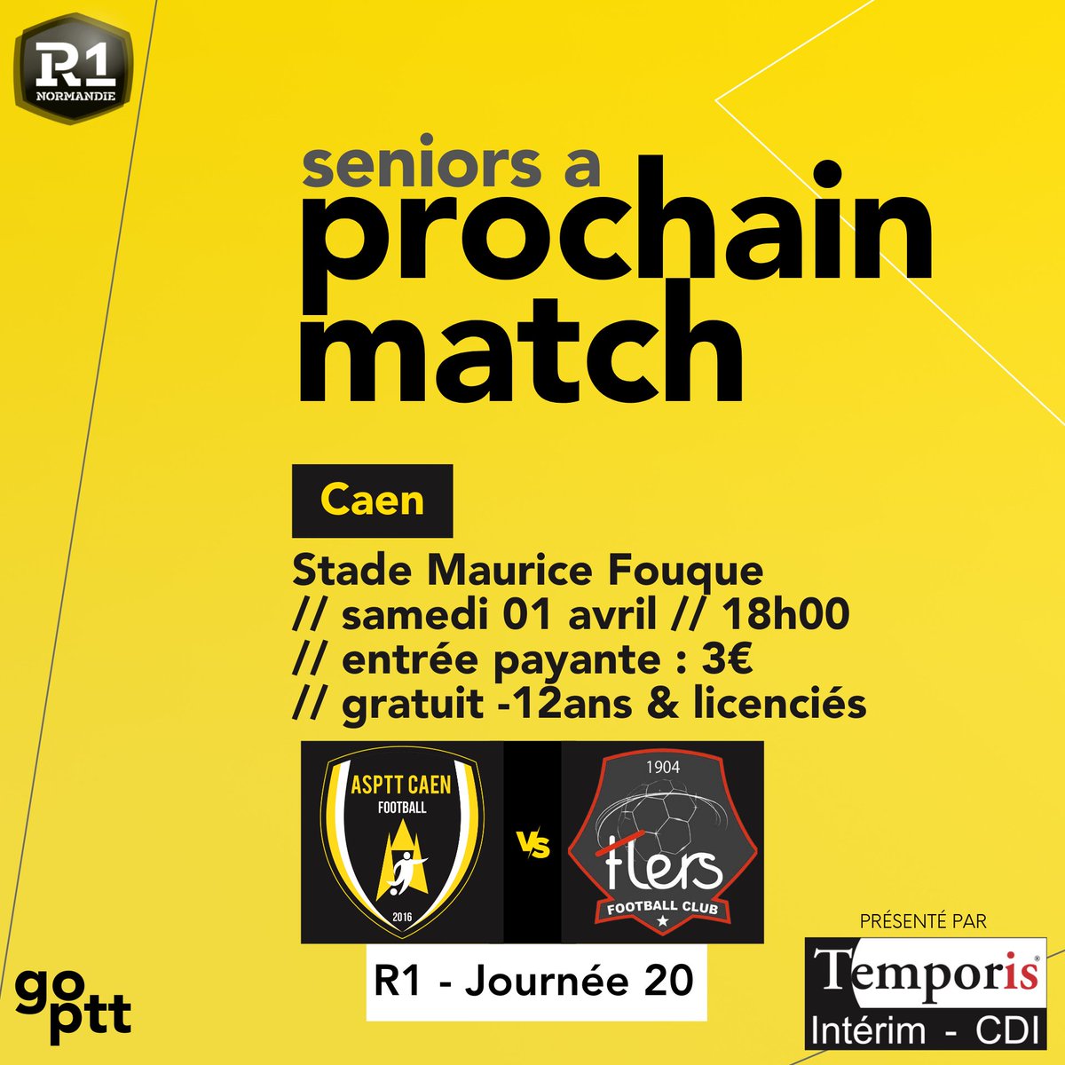 CaenAsptt's tweet photo. 𝑷𝒓𝒐𝒄𝒉𝒂𝒊𝒏 𝒎𝒂𝒕𝒄𝒉 // 💥 Ce samedi soir, c'est le choc de R1 avec la réception du favori du championnat, le @fcflers. 
En amont du match, l'école de foot vous sera présentée avec la présence de tous les #Postiers ! 

🎟 Entrée : 3€ (gratuit licenciés et -12ans)

#GoPTT https://t.co/aAtEODDxQX