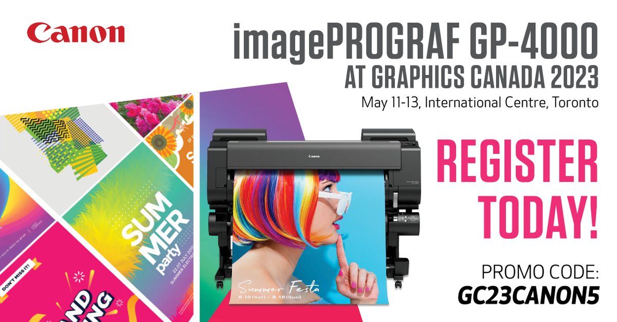 CanonCanada's tweet photo. Looking for your first LFP?
The versatile & affordable #imagePROGRAF GP-4000 can print on poster, sign and banner media up to 44" wide. This printer will pay for itself before it finishes its first set of inks. See it for yourself at #GRAPHICSCANADA.
https://t.co/GeczvrQanN https://t.co/1aX1AwRMUx