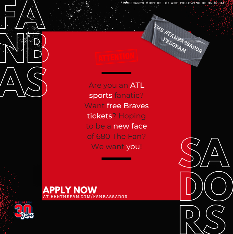 680TheFan's tweet photo. We (might) want YOU‼️

We are looking for the next generation of Atlanta sports fans to join our brand new #Fanbassador program. If selected, you’ll receive free tickets to games around the ATL, 680 merch, and the chance to be a new face of 680 The Fan. Interested? Apply now👇