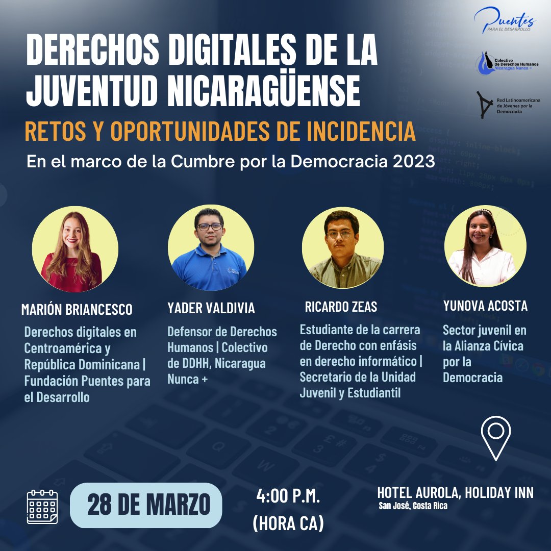 #Conversatorio 📣 | Los invitamos mañana a las 4:00 p.m. a participar de este foro sobre los derechos digitales de la juventud #nicaragüense 
📍 También puedes asistir presencial. Solo debes reservar aquí: bit.ly/40eP7gN
@ColectivoNunca @JuventudLAC