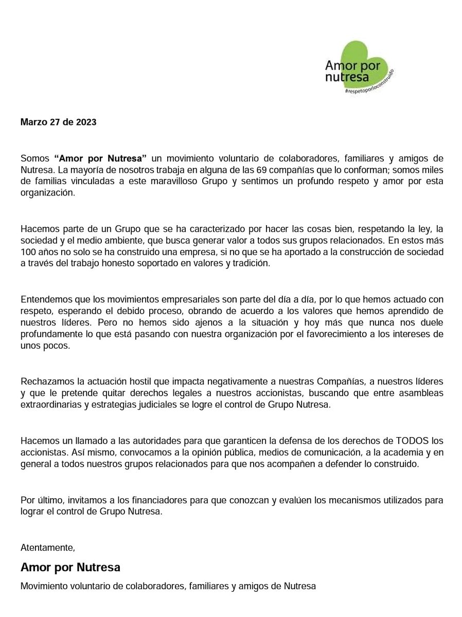 AmorxNutresa's tweet photo. Comunicado de los colaboradores a la opinión pública #amorxnutresa #legalidad #solidaridadconnuestroslideres #protejamosanutresa #respetoporloconstruido @ssociedades https://t.co/z4RkV7TLep
