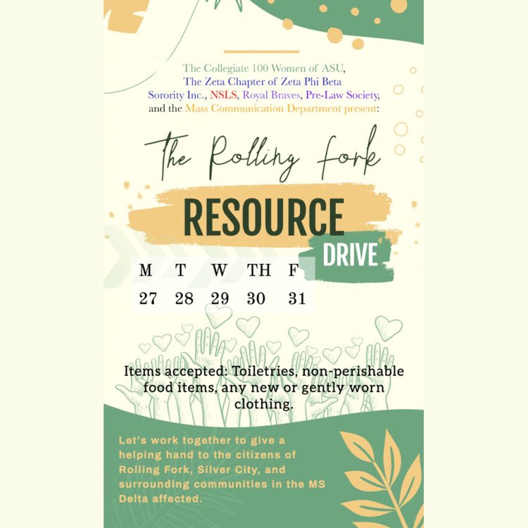 AlcornPLS's tweet image. Join us ALL as we stand together to host a Resource Drive for Rolling Fork, MS and surrounding areas that were affected by the storm this weekend. Boxes will be set up in C, Honors Cafe, and the Mass Communications Building. 💜💛🙏🏽