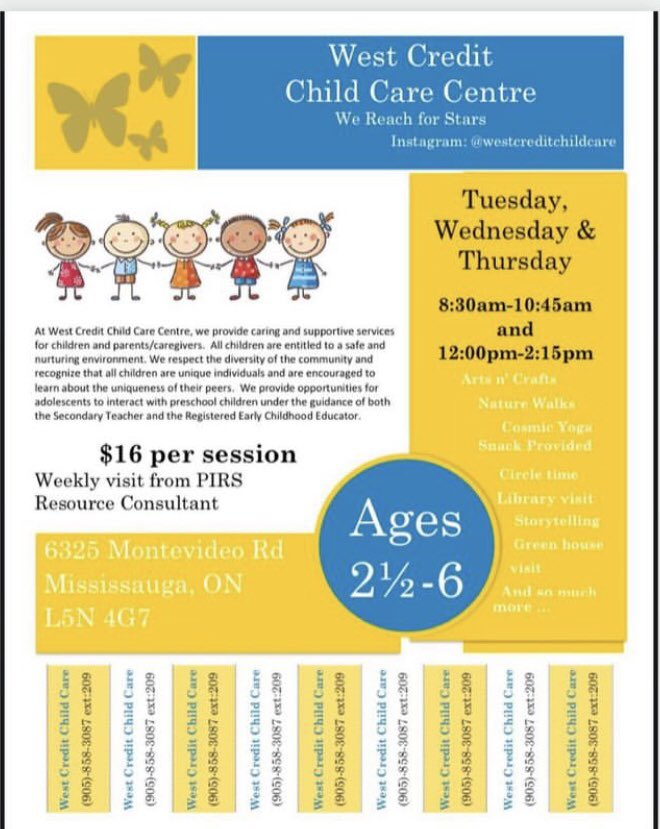 CynthiaSouter's tweet photo. We are re-opening tomorrow and still have spots available!!!  A well known centre since 1986!  We sadly had to close due to covid…but we are back!  Please share with families in Meadowvale/Streetsville. Thanks! https://t.co/chFn0M6ngh