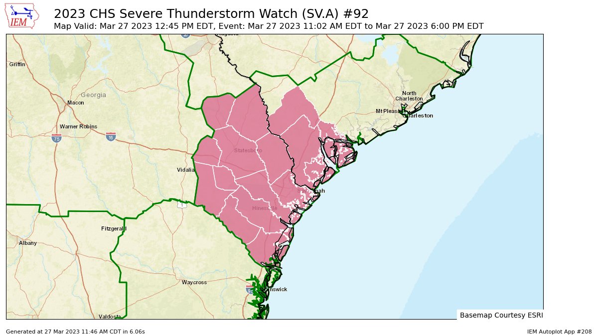 iembot_chs's tweet photo. CHS continues Severe Thunderstorm Watch for Bryan, Bulloch, Candler, Chatham, Effingham, Evans, Jenkins, Liberty, Long, McIntosh, Screven, Tattnall [GA] and Beaufort, Hampton, Jasper [SC] till Mar 27, 6:00 PM EDT https://t.co/MwQ0jUBcNx https://t.co/7Nb4Yr4DlZ