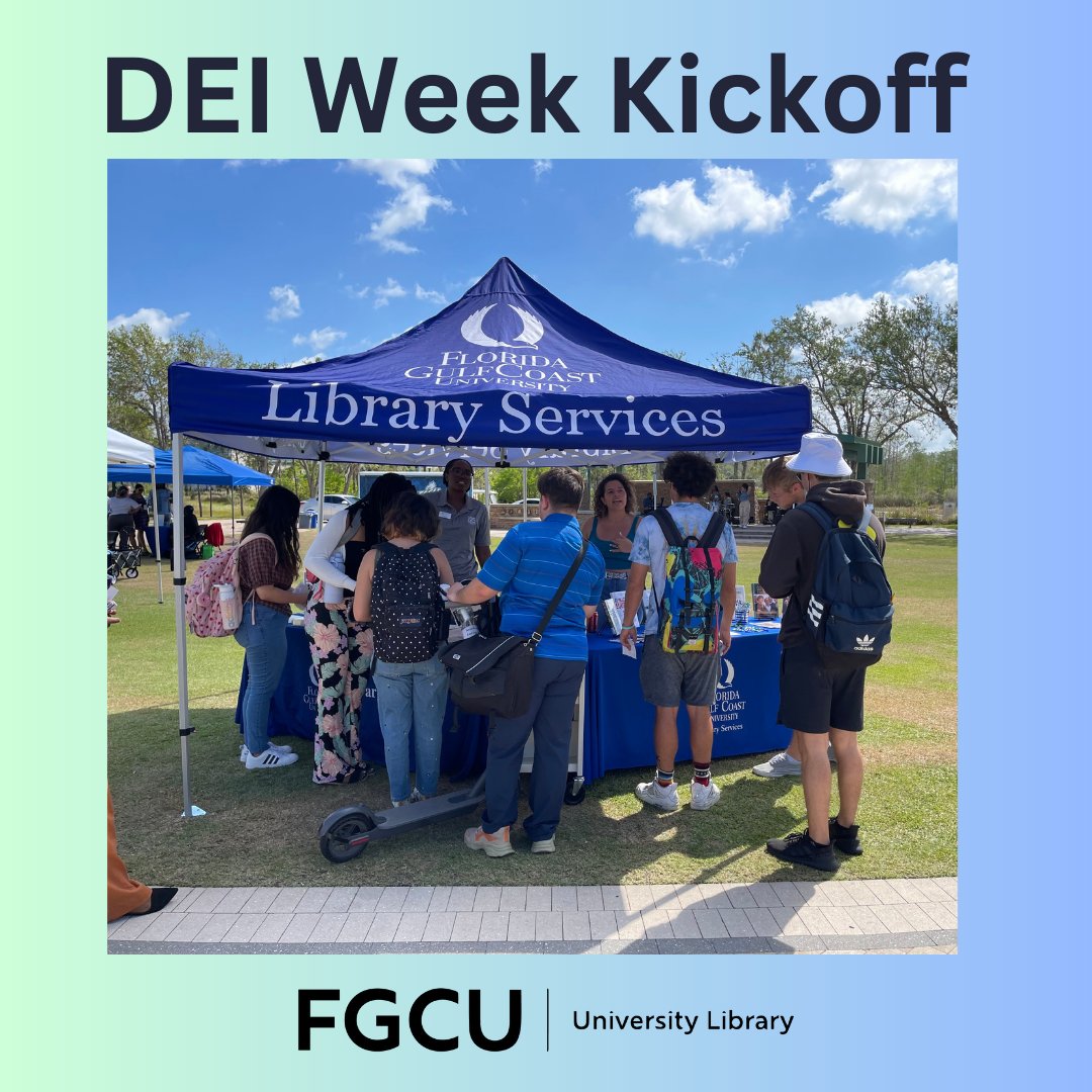 fgculibrary's tweet image. Library Services are celebrating the kickoff of DEI Week on the Library Lawn today from 11-1! Come check out books on diversity and get a sneak peek into some of the Archive collections. #fgculibrary #fgcu #DEIweek #DEI