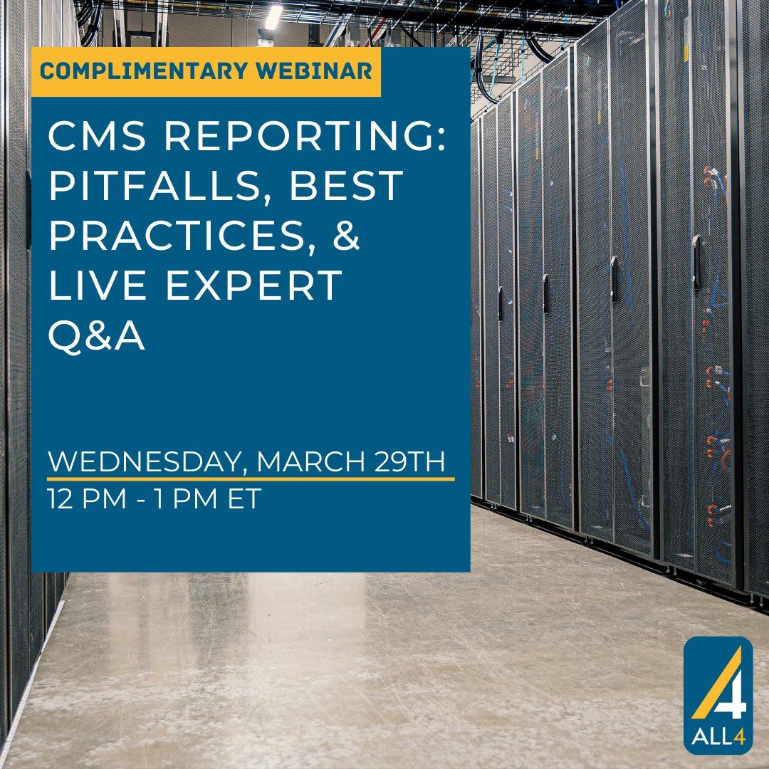 Join ALL4 for a complimentary webinar this Wednesday, March 29th at 12 PM ET on CMS Reporting: Pitfalls, Best Practices, and Live Expert Q&amp;A presented by Matt Carideo, Katie Fritz, and Cheyanne Laux. Register now:
all4inc.com/insights-webin…