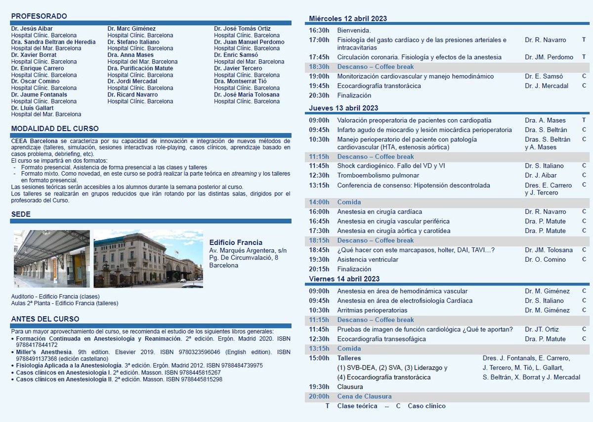 El programa completo del nuevo CURSO CEEA de actualización en Anestesia y Reanimación: Corazón y Circulación
Inscríbete en ceeabarcelona.com/cursos/corazon…