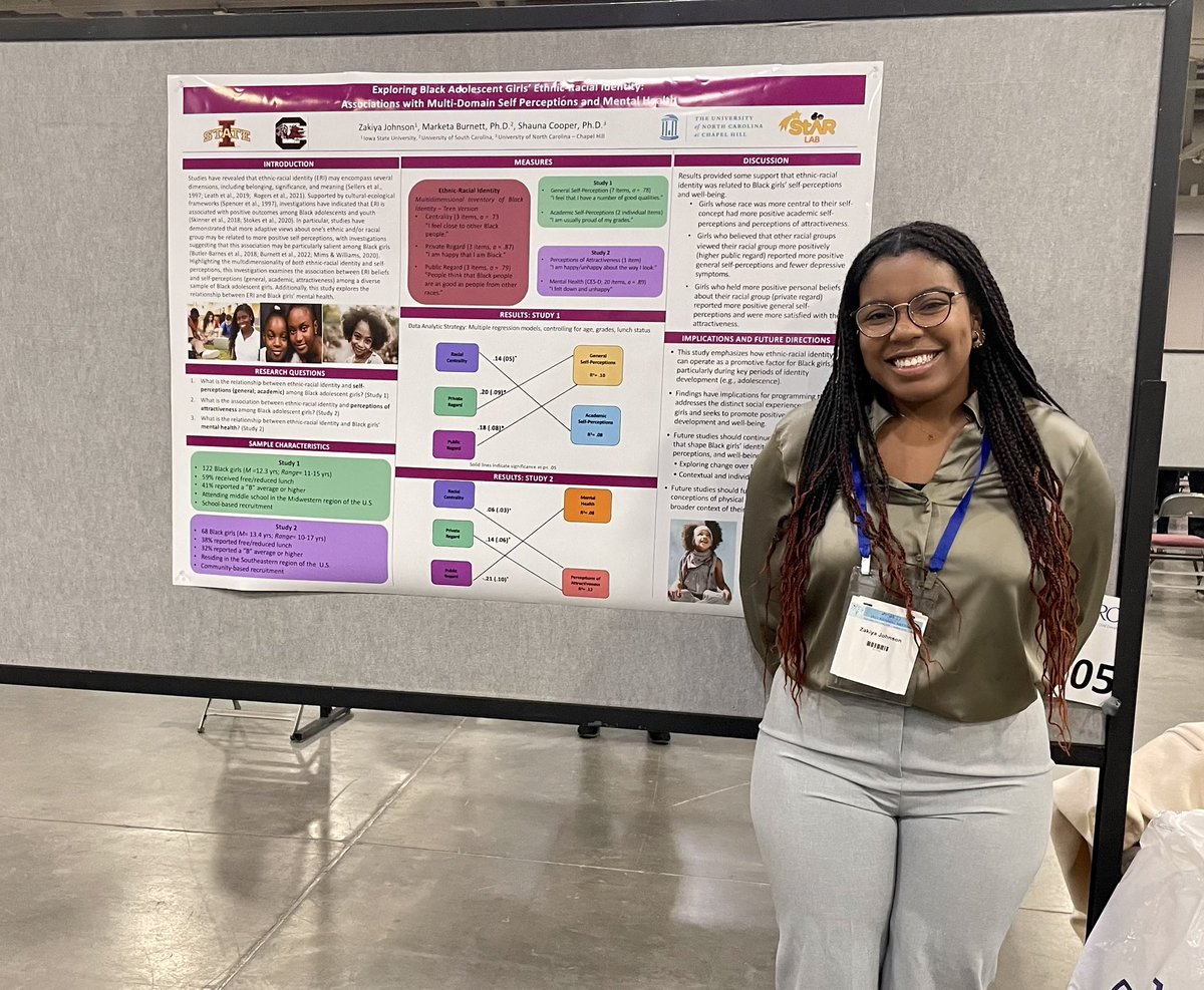 zakiyadjo's tweet image. This past week I presented my research at #SRCD23! My poster looked at ethnic-racial identity in Black girls and associations with self-perceptions. 

What started as a @murap_iaar idea has now been presented at a national conference! 

Thank you to everyone who stopped by!