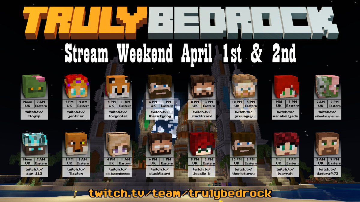 TrulyBedrock's tweet photo. Spring has sprung so it's time to bounce on over into the next Truly Bedrock Stream Weekend!
Join us this Saturday and Sunday, April 1st &amp; 2nd, for 32 hours of fun on the TB server!
See you there! https://t.co/950Arfzwm2