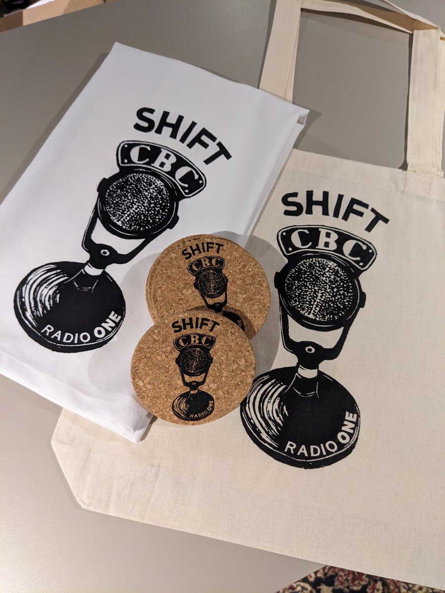 We like to hire local artists to create items our listeners can win! We just received these tote bags, tea towels and cork coasters from @holdfast_ink in St. Stephen. We'll give away the set this week - listen to find out how you could win