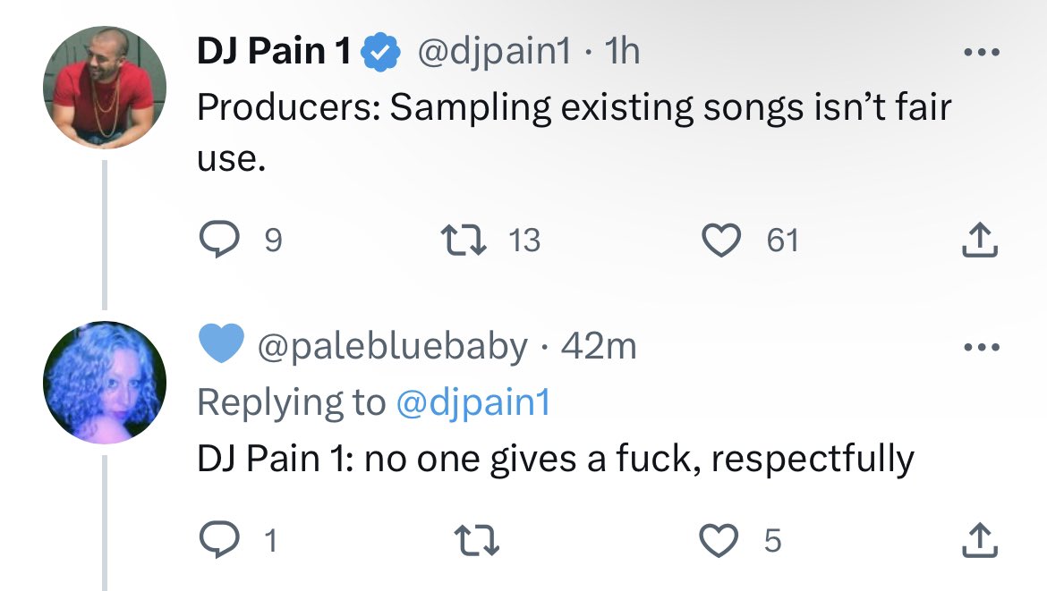 djpain1's tweet photo. I made producers mad af by pointing out that the Fair Use Copyright Law Doctrine doesn’t apply to samples of existing songs.

This is embarrassing 😂 https://t.co/aV35gaAOFz