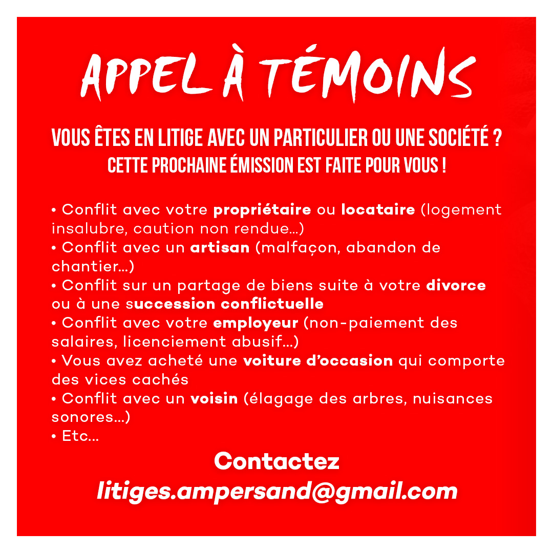 AB1TV's tweet image. ⚖️ Dans le cadre d'une nouvelle émission sur les litiges du quotidien, @LaChaineRTL9 est à la recherche de témoignages !
➡️ Contactez litiges.ampersand@gmail.com pour plus d'informations

#témoignage #émissionTV #litige
