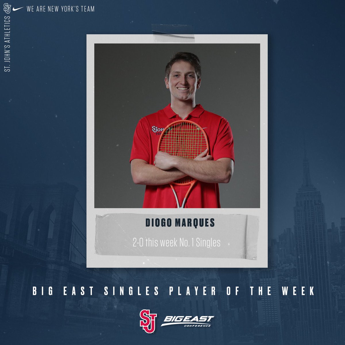 StJohnsMTennis's tweet photo. Congratulations to Diogo Marques for being named the BIG EAST Singles player of the week! https://t.co/aXLOZplanr