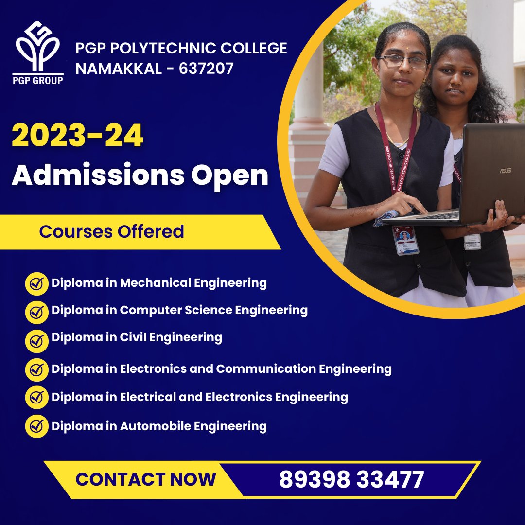 PGPPolytechnic's tweet image. Unlock your potential and take the first step towards a successful career with PGP Polytechnic College, Namakkal.
Join us today and turn your dreams into reality! 

For Admissions Contact 
📞8939833477

#PolytechnicAdmissions #PGPPolytechnicCollege #Namakkal #EducationForSuccess