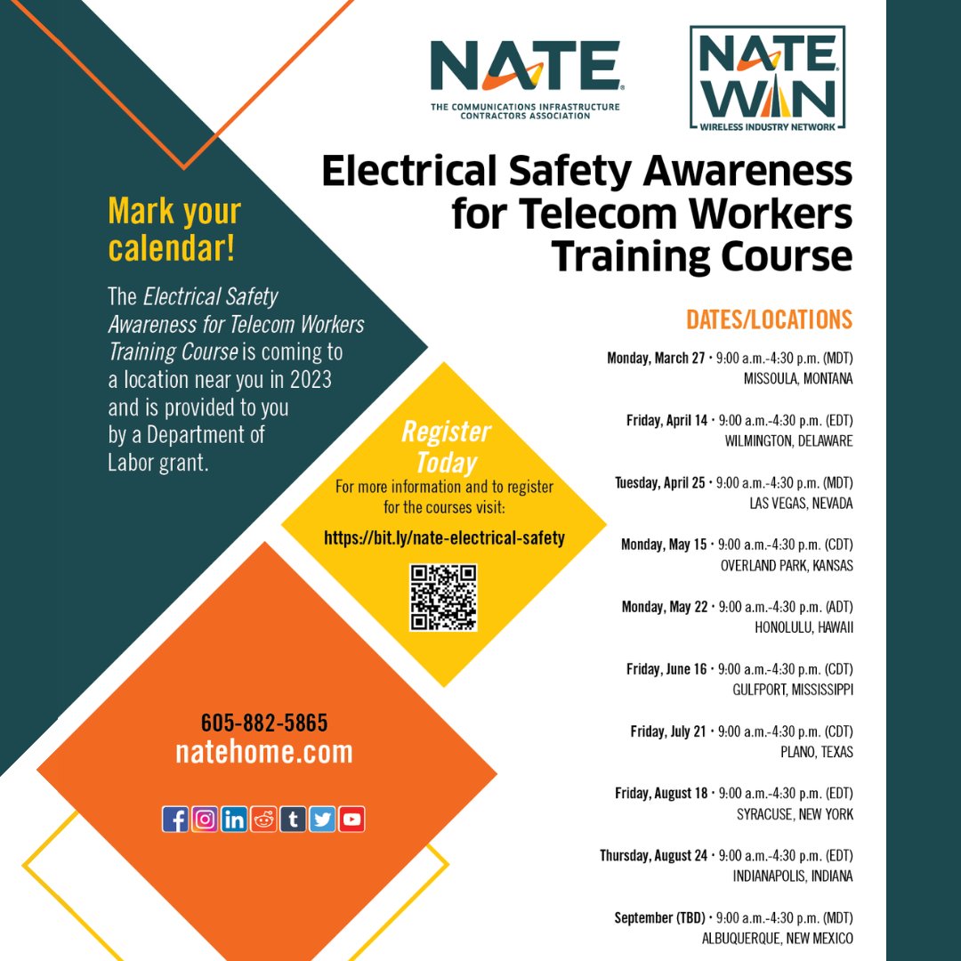 NATEsafety's tweet photo. Register today for a 2023 Electrical Safety Awareness for Telecom Workers Training Course near you: https://t.co/pm89qRFFfl This complimentary training is made possible due to a DOL-OSHA training grant. @NATEsafety #usdol #traininggrant #electricalsafety #registertoday #joinus https://t.co/ouhkhs0tTk