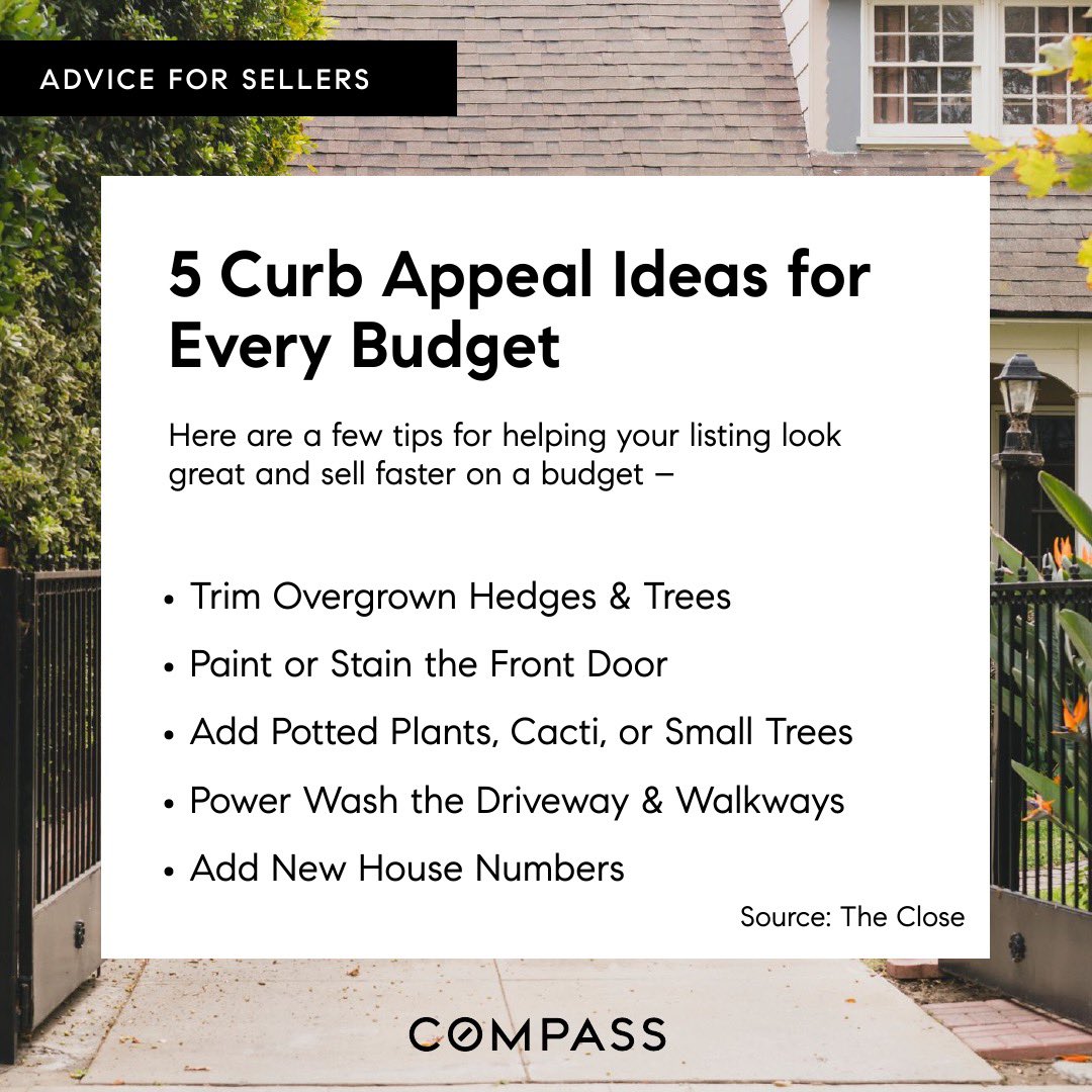 GaniceAustin's tweet photo. Real Estate #MondayMotivation: 
Are you selling your house or thinking about it? Here are 5 #CurbAppeal Ideas 🏡 to help your property look great &amp; sell faster!

I’m here to help you navigate even the tightest real estate market.

Ganice Morgan-Austin • Compass • DRE01503415 https://t.co/hXDV7lmZUu