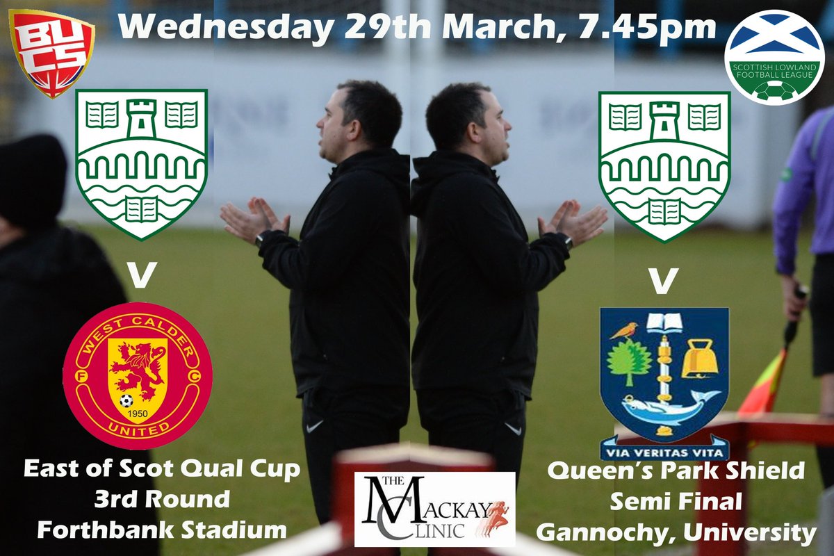 Anybody know where we can get the gaffer cloned by Wednesday? 1s have two games at the same time:

⚽️ <a href="/WestCalderUtd/">WestCalderUnitedJFC</a> 
🏆East of Scot Qual Cup 3rd rd
🏟Forthbank

⚽️ <a href="/GlasgowUniFC/">GUFC</a> 
🏆Queen’s Park Shield Semi Final
🏟 Gannochy

Both 
⏰ 7.45pm
📔 Wednesday 29th March