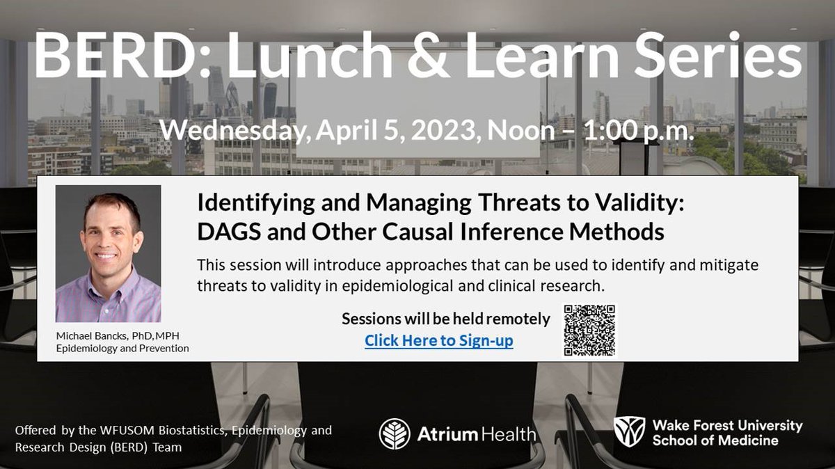 The next seminar in our joint series, 'Identifying and Managing Threats to Validity: DAGS and Other Causal Inference Methods', will be on 4/5 at 12pm ET. This event is being cross-promoted by the CTSA-funded BERD Cores at UNC-Chapel Hill, Wake Forest, and Duke