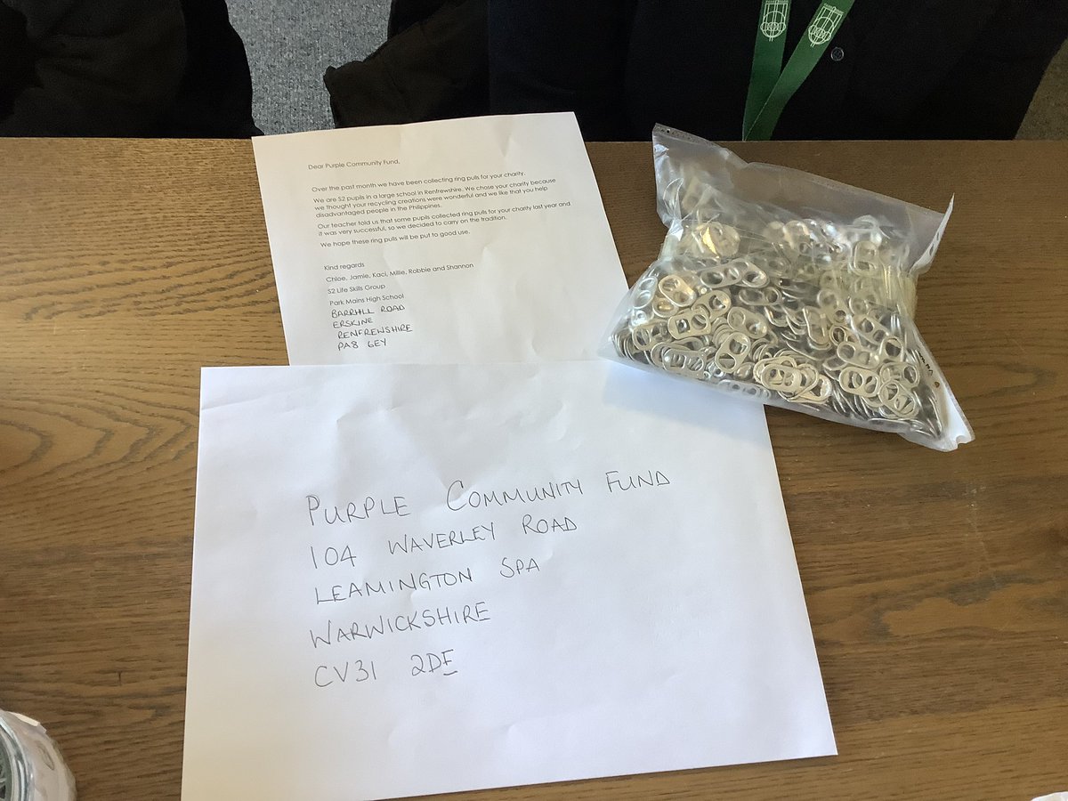 Thank you to all our staff who donated ring pulls to our charity appeal. S2 pupils packaged &amp; posted the ring pulls, to be recycled &amp; used by <a href="/PCF_UK/">PurpleCommunityFund</a> today - great team effort! 👏🏻<a href="/theparkmains/">Park Mains High</a>