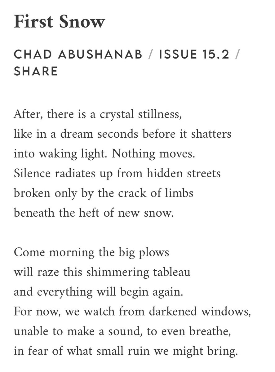It’s nearly April, but the snow is still very much on the ground in northern MN. I find it hard to remember what the year’s first snowfall was like. This poem helps. literarymatters.org/15-2-first-sno…