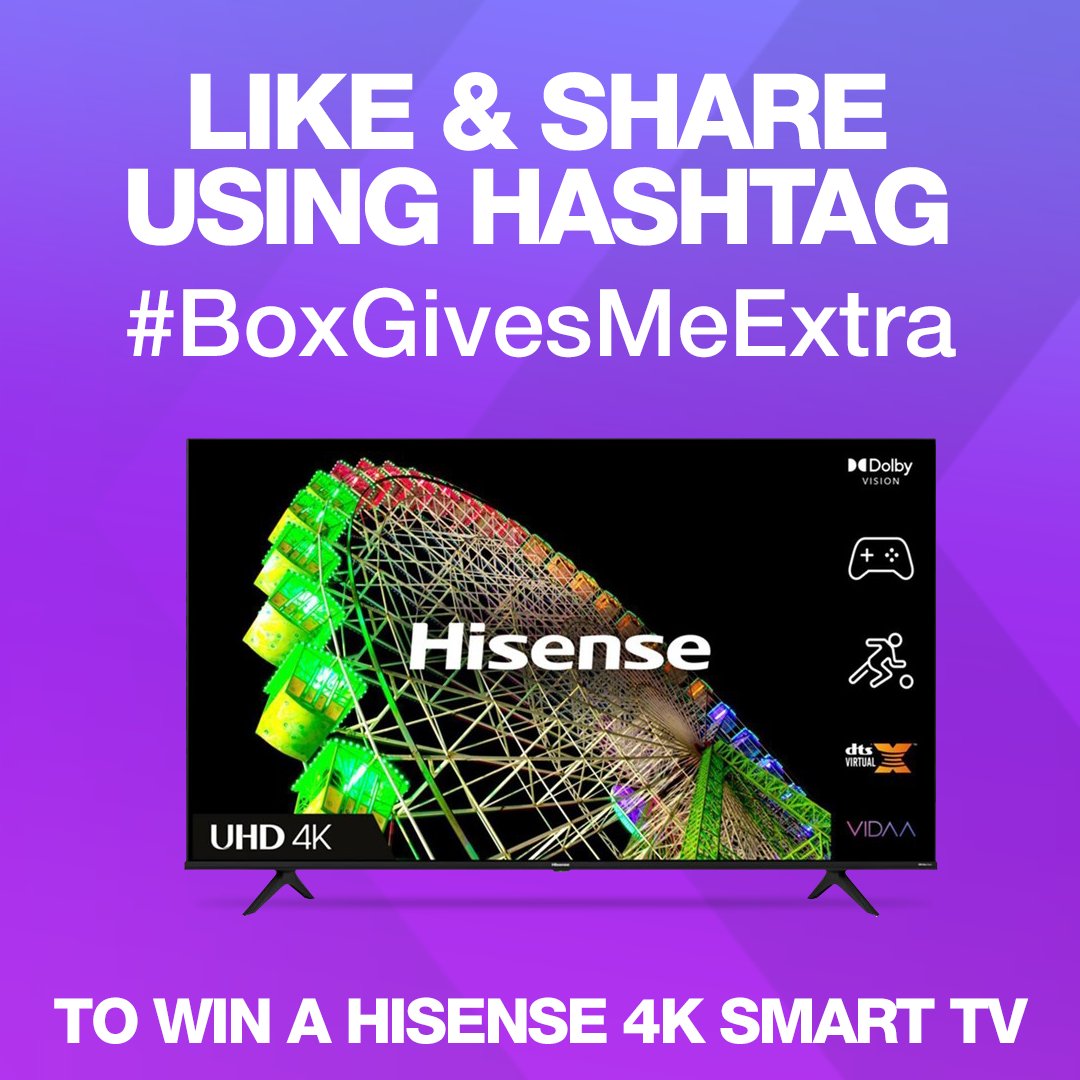 Giveaway Time 🤩

Don't miss your chance to win a Hisense 4K TV today only!

Like and share this post using the hashtag #boxgivesmeextra for your chance to win 🎉