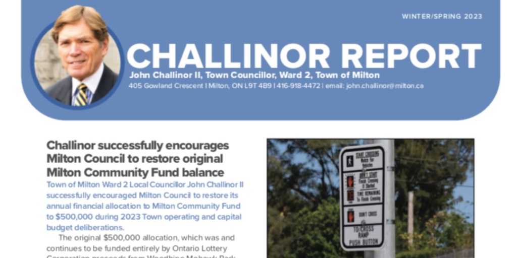The Spring 2023 Edition of the Challinor Report is Out🤗

Stay up-to-date and read the Challinor Report today: ow.ly/4Fte50NfJm3

#ChallinorReport #Ward2 #Spring2023 #MiltonON