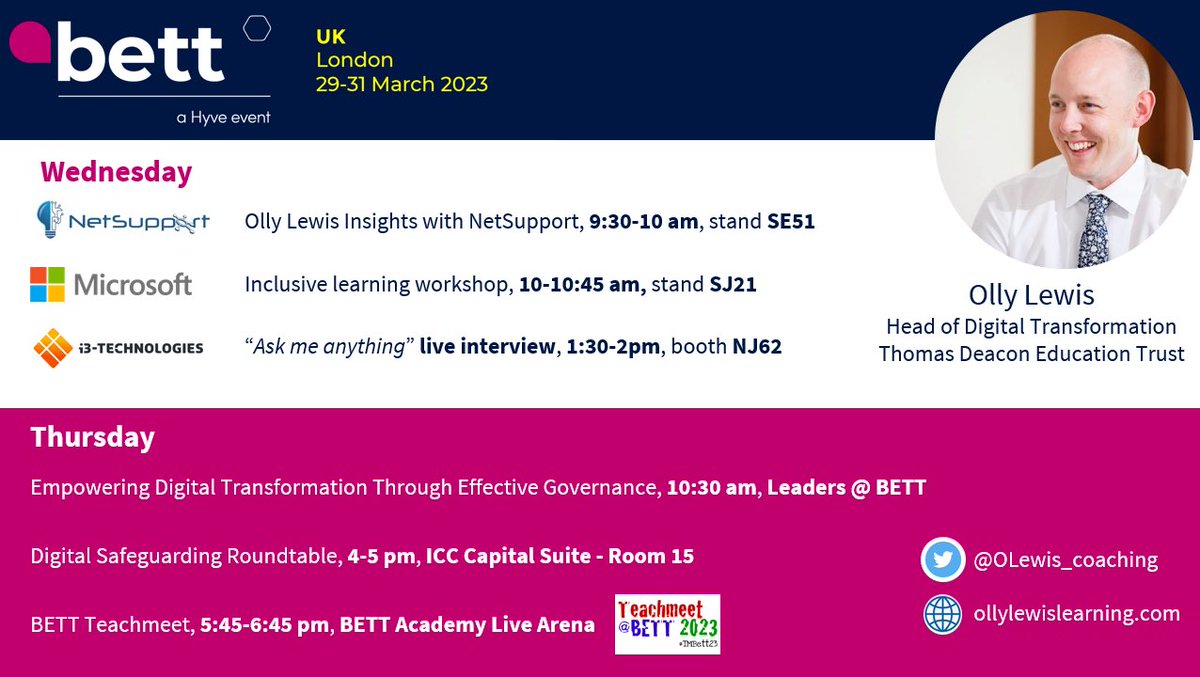 OLewis_coaching's tweet photo. Looking forward to representing @TDETeducation &amp; connecting with friends old and new @Bett_show this week! 

I’ll also be sharing at a range of locations throughout the event 

#BETT23 #edtech #edtechchat #TDETTransform #MicrosoftEDU #MIEExpert https://t.co/Mj3Dixkuqu