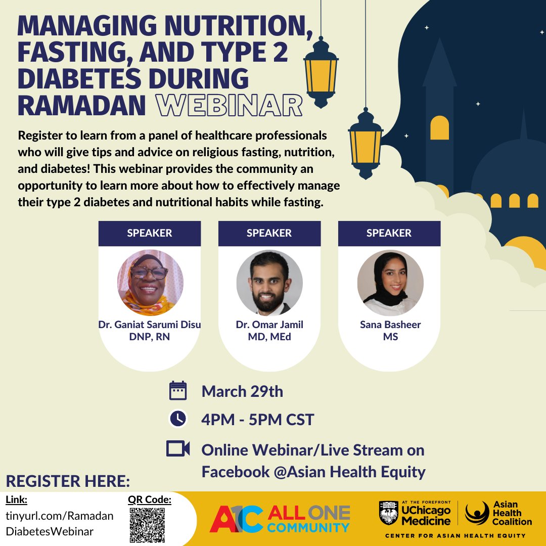 CAHE_AHC's tweet photo. Register to learn from a panel of healthcare professionals who will give tips & advice on religious fasting, nutrition, and diabetes! Learn more about how to effectively manage their type 2 diabetes & nutritional habits while fasting.
#AllOneCommunity #Ramadan #Fasting https://t.co/L6A6tVU1OK