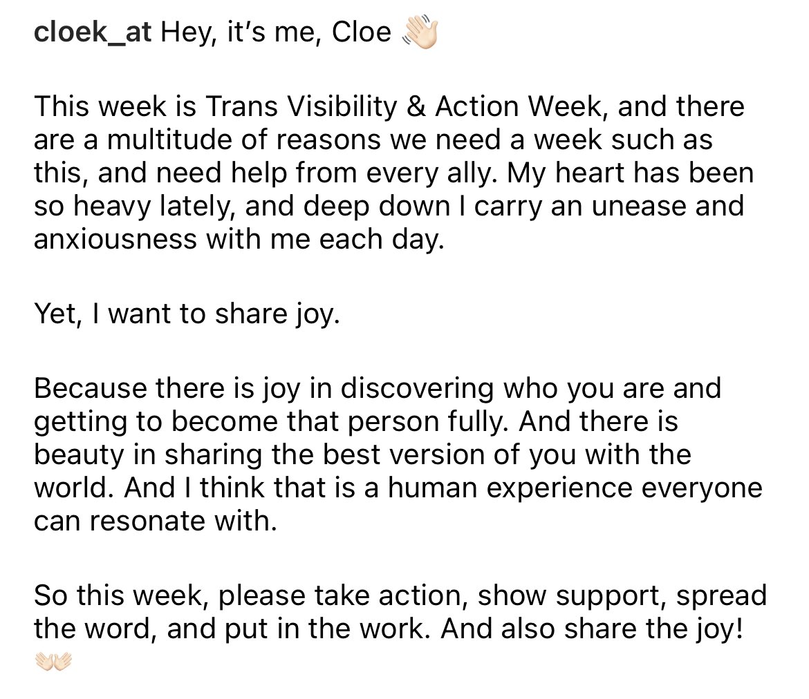 CloeK_AT's tweet photo. Hey, it’s me, Cloe 👋🏻
Swipe to read a little thing I wrote for Trans Visibility & Action Week. And remember to share the joy!
#trans #nonbinary #transweek #transweekofvisibility #transweekofaction #blacklivesmatte #queerlivesmatter #translivesmatter #intersectionalitymatters https://t.co/PG7He3yH78