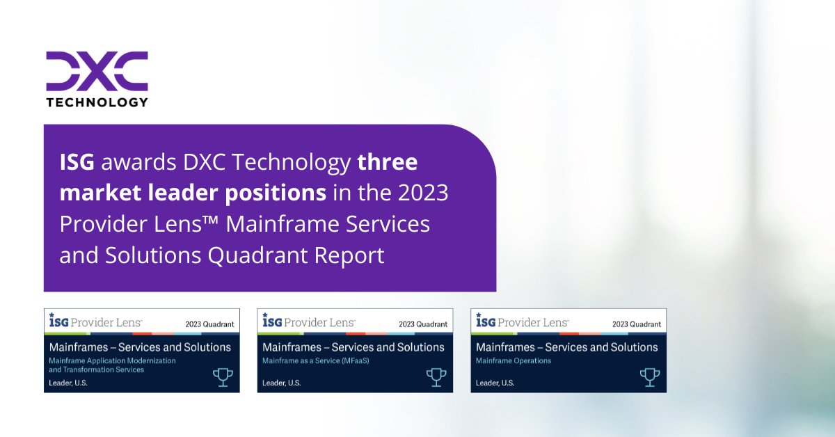 DXCTechnology's tweet image. DXC was named a Leader across three market positions in the 2023 Provider Lens™ Mainframe Services and Solutions Quadrant Report by ISG.

Read the report to learn more: 
dxc.to/3nnui47

#MainframeServices #MarketLeadership #ISGProviderLens