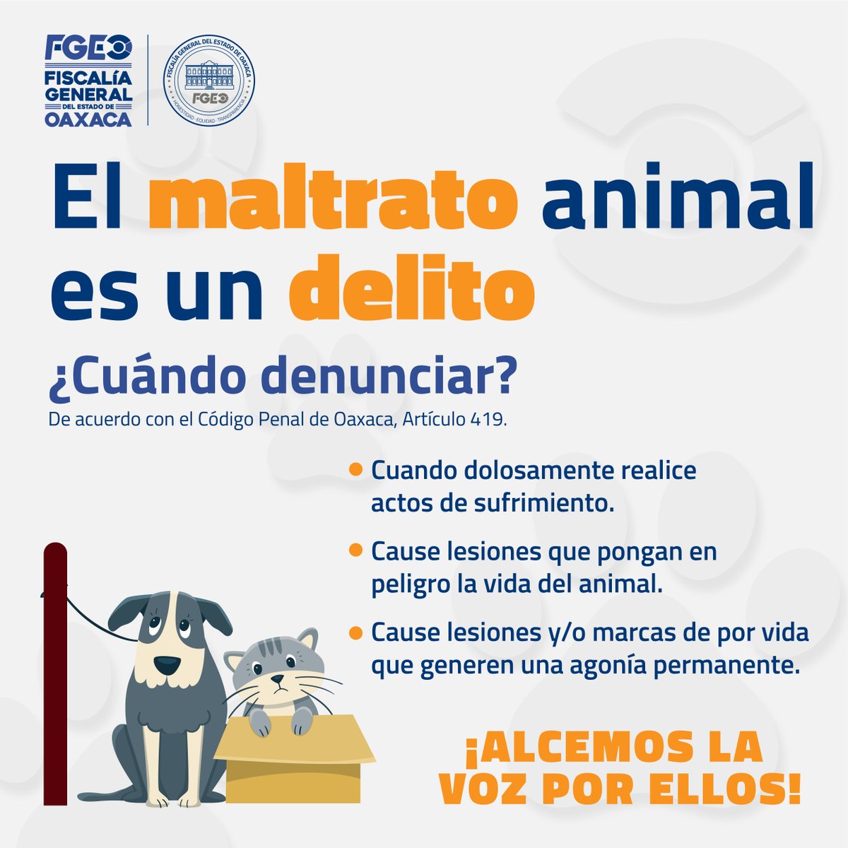 FISCALIA_GobOax's tweet photo. Conoce cuáles son las acciones o conductas de violencia que son consideradas como delito contra los animales en el estado.

Acércate a la Fiscalía de Oaxaca; trabajamos a favor de las víctimas. https://t.co/BfGjsmAn6T