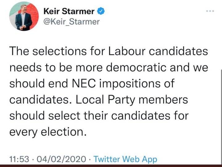 Share this far and wide, lest anyone forget what a hypocrite Starmer is. This, of course, was posted during Starmer's election campaign. Now he's decided to impose a candidate in Islington North, a constituency held for 40 yrs by Jeremy Corbyn over 10 general elections.