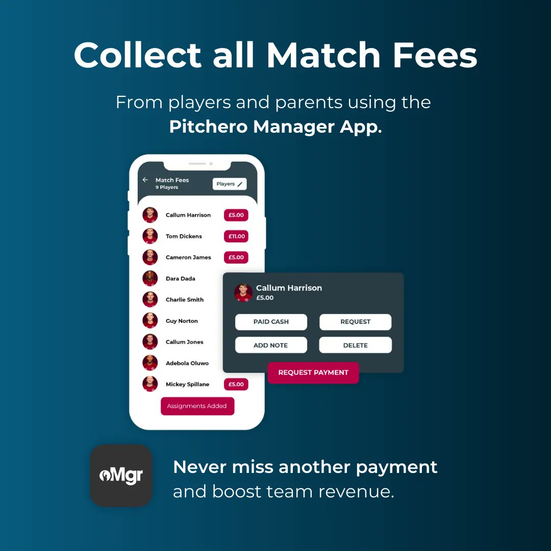 Collect match fees in seconds. 🤑 Built into every Pitchero 5* App ⭐ is the match fee tool allowing a coach or team manager to collect match fees from players and parents.