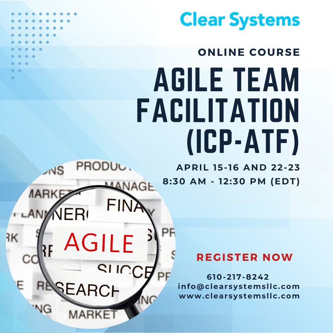 ClearSystemsLLC's tweet photo. Next month, join our Agile Team Facilitation (ICP-ATF) online course and acquire the skills to facilitate Agile teams effectively.

Book this course now!

https://t.co/aDSy06rG0F
#agilecoaching #ScaledAgile #icagile #agiletransformation #agile #ICP #teamfacilitation https://t.co/srDVssKPhW