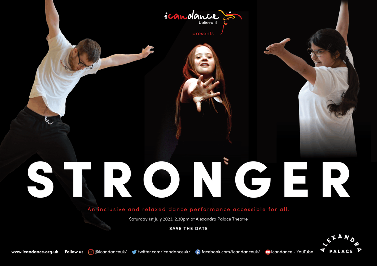 icandanceuk's tweet photo. Get ready for this year's annual performance, where over 70 disabled children and young people share their dance pieces around the theme of 'Stronger'! 💪 🥳 Hapenning on 1st of July 2:30pm at the beautiful Alexandra Palace, all are welcome to join for this unique show. https://t.co/qz6FRQTUMF