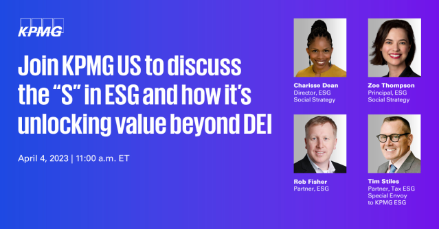kheil1970's tweet photo. What does the 'S' in ESG mean beyond just 'social'? Defining the 'S' has been an ever-evolving challenge. Join the KPMG ESG team on April 4th at 11:00 a.m. EDT, for a webcast on the 'S' in ESG. https://t.co/GgCHQQKQme https://t.co/OEWlPxUc9V