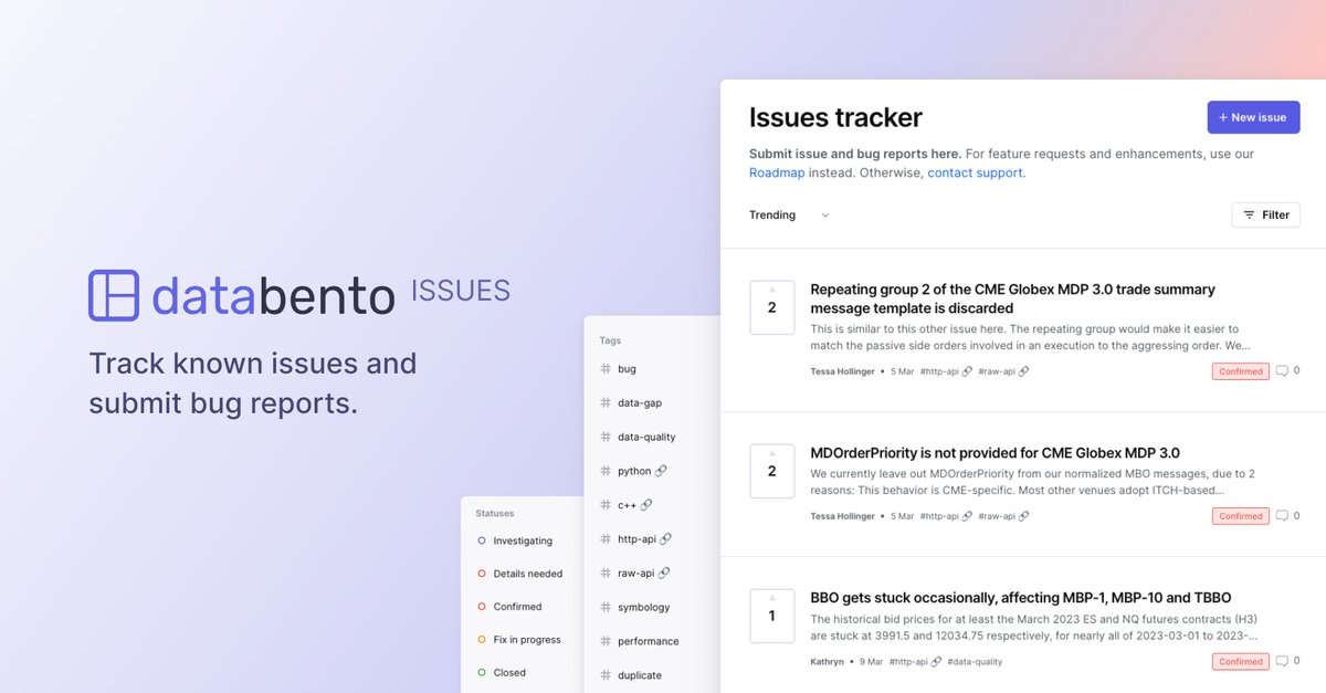 DatabentoHQ's tweet photo. Our public issue tracker gives users easy access to issue statuses in one place – without having to navigate multiple GitHub trackers.
Track known issues and submit bug reports at https://t.co/j0d2FqOChm!
#newrelease #issuetracker #bugtracking #bugreporting #debugging https://t.co/hAbm8R7n97