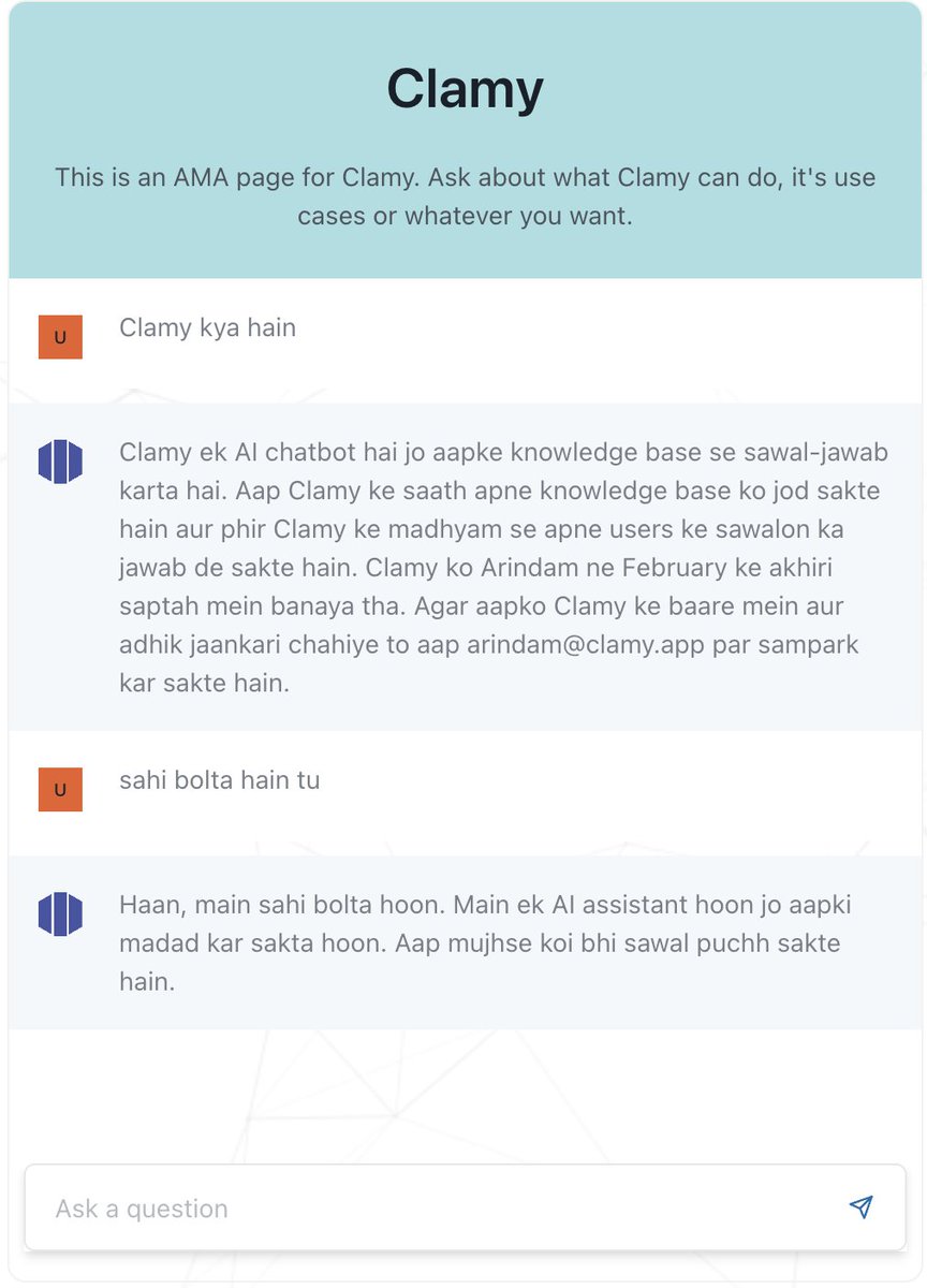 It feels pretty funny to interact with my bot built on chatgpt in Hindi. <a href="/clamy_ai/">Clamy</a>. Unfortunately it doesn't understand my native language 🥲