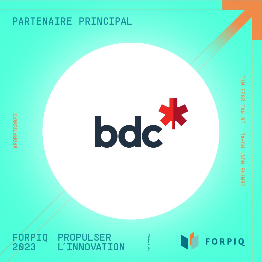 FORPIQ's tweet photo. Nous sommes heureux d'annoncer @bdc_ca à titre de partenaire principal de FORPIQ 2023 🎯 Merci, BDC, de contribuer à l'essor de l'innovation canadienne en soutenant les entrepreneurs.eures dans la protection de leur PI.  

Pour réserver: 
🗓 10 mai 2023
👉 https://t.co/AjA8rsNHyw https://t.co/koxV6Oe0kk