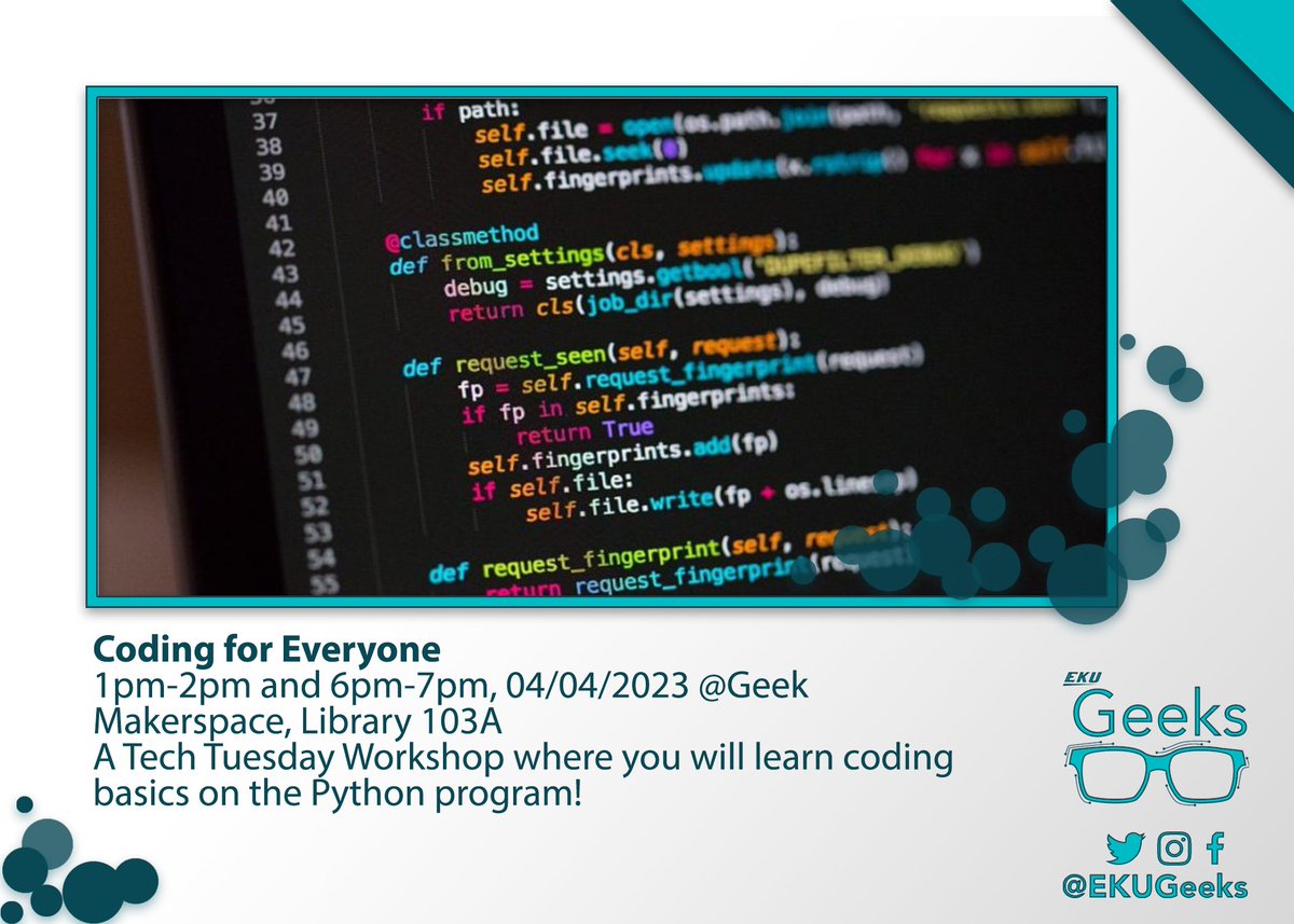 EKUGEEKS's tweet image. Come to our Geek Workshop! #LearnToCode #BeginnerCoding #Python