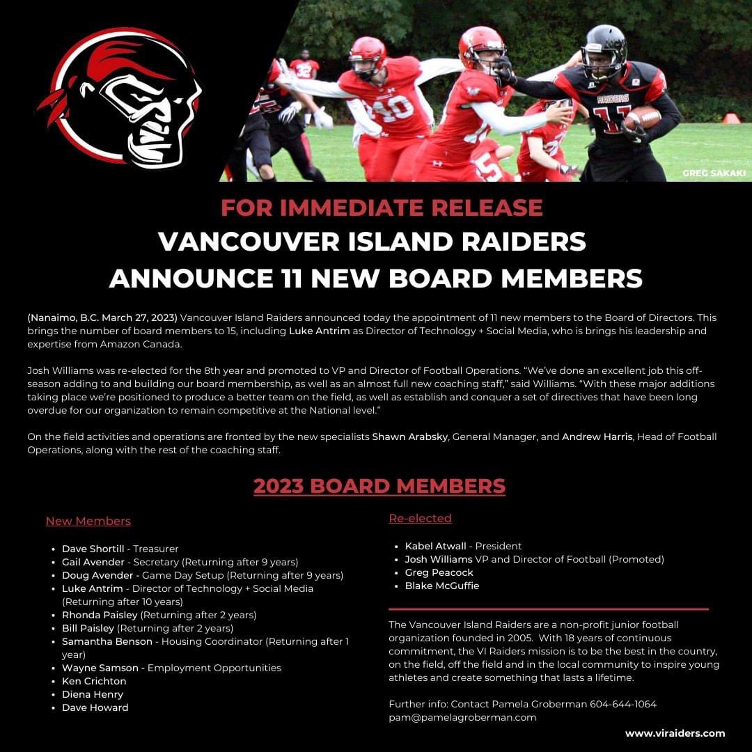 For immediate release // Vancouver Island Raiders Announce 11 New Board Members 🔴⚫️🏈.

---------------------------------

Visit viraiders.ca for all Details. 

#viraidersfootball #RaiderNation #viraidersfootballclub #FireItUp #bcfc #nanaimo #CJFL #football