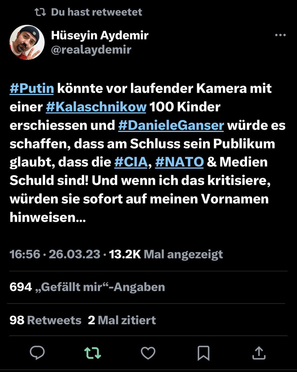 100 Retweets, fast 700 „Gefällt mir“ - klar dass da einige #DanieleGanser-Jünger mich ins Visier nehmen mussten🤷🏼‍♂️

Wie war das nochmals mit der freien Meinungsäusserung? 

Und eure rassistische Kommentare könnt ihr euch irgendwo hinschieben! 

#AllesRichtigGemacht