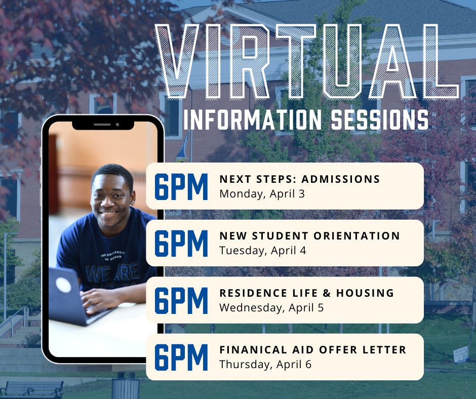 uakronadmission's tweet photo. Hey #FutureZips! Do you have questions on new student orientation, housing, or your financial aid offer? Attend one of our virtual information sessions next week! 💻🦘

Register at ➡️ https://t.co/IMNo4Llf0F https://t.co/ZxyWZYSBOG