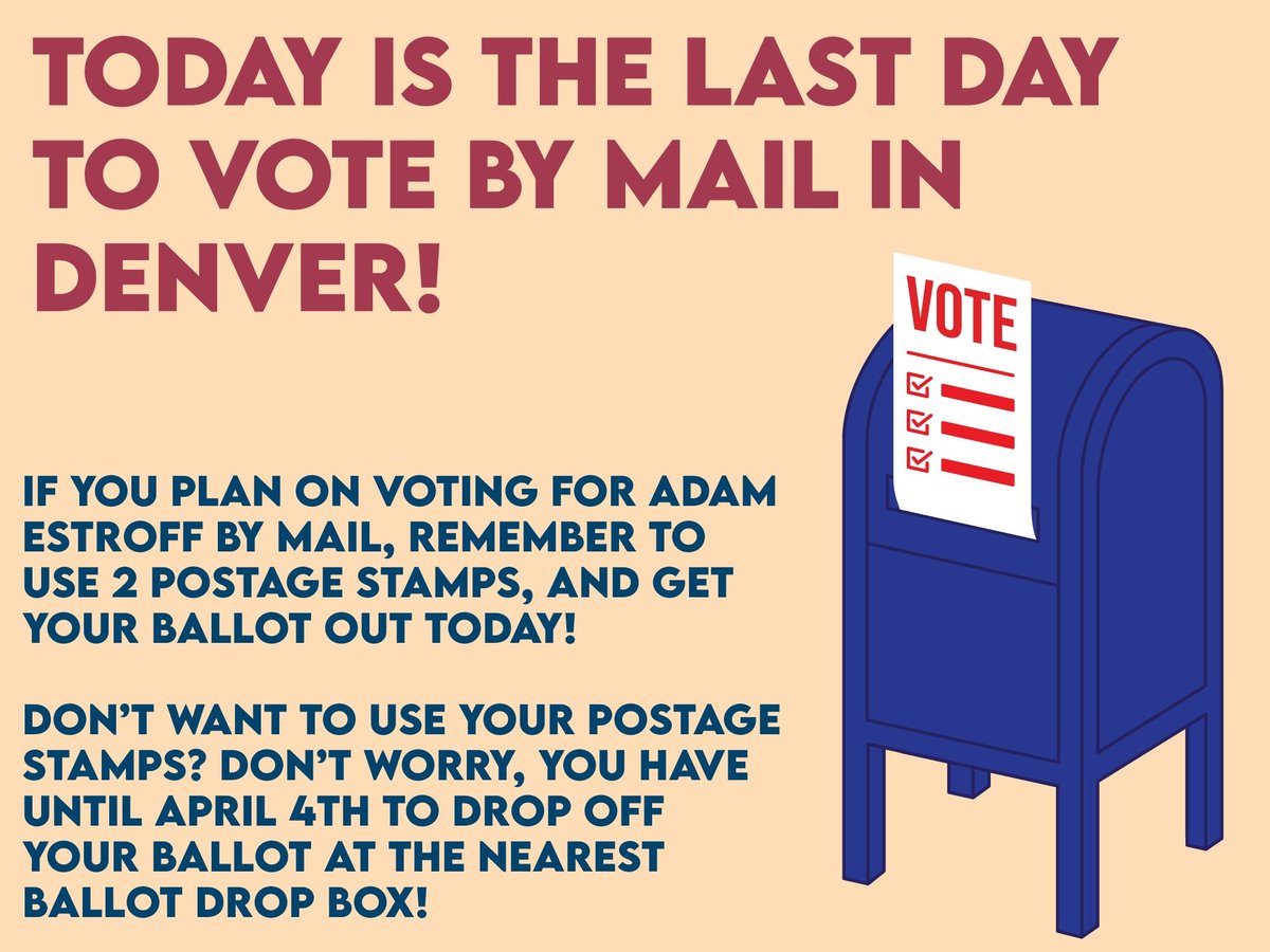 Today is the last that to mail your ballot and ensure that it is received on time to be counted! 

All ballots require TWO postage stamps 📬

After today, you can turn in your ballot at a drop box or Vote Center! 

denvergov.org/Government/Age…